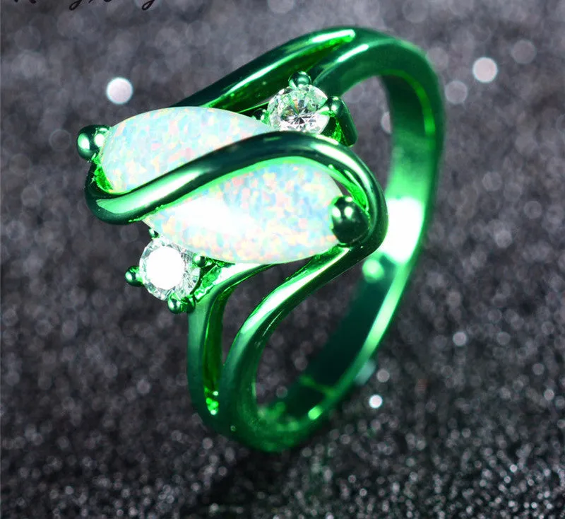 1st White Fire Opal Green Gold Ring