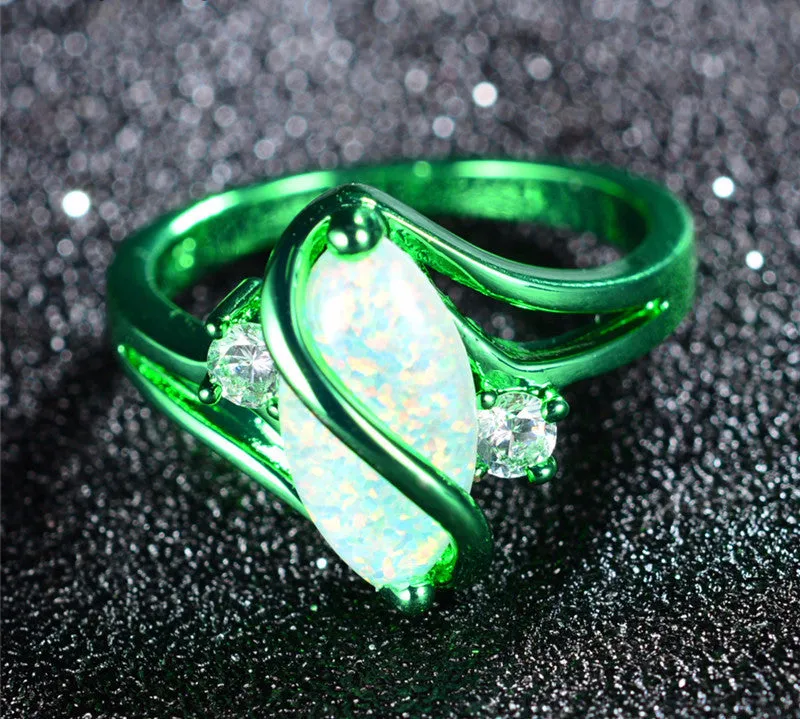 1st White Fire Opal Green Gold Ring