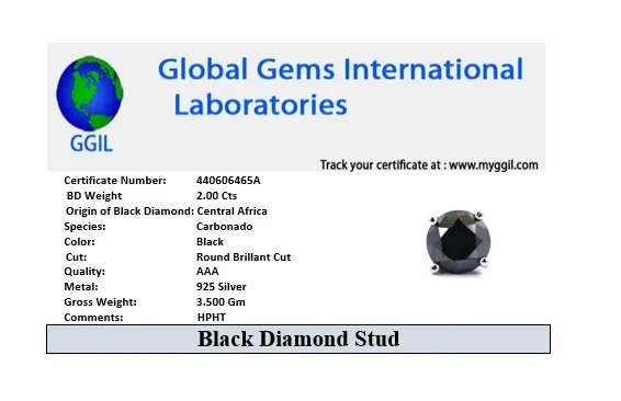 2 Ct AAA Certified Round Shape Black Diamond Solitaire Single Stud in Black Gold, Great Sparkle & Luster