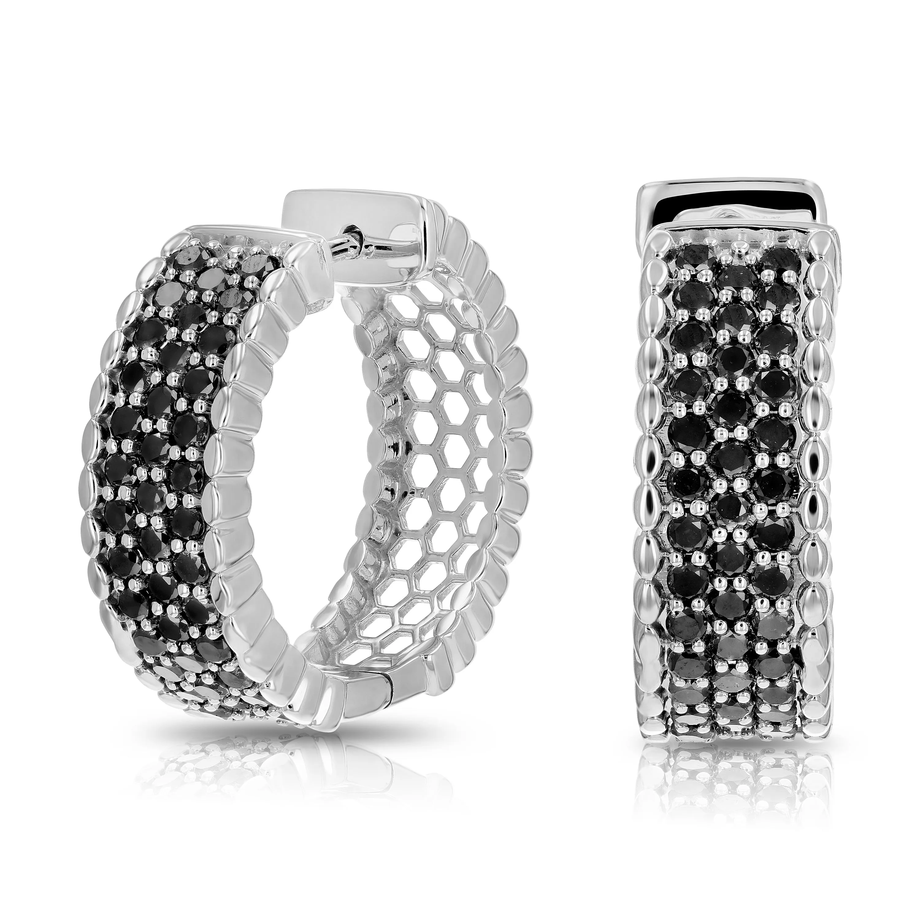 2 cttw Black Diamond Milgrain Hoop Earrings in Sterling Silver
