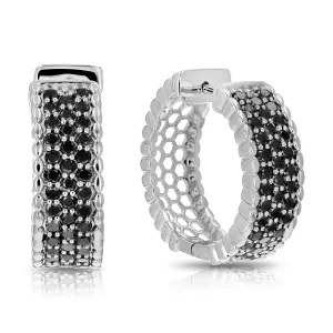 2 cttw Black Diamond Milgrain Hoop Earrings in Sterling Silver