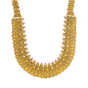 22K Antique Yellow Gold & Ruby Temple Necklace (70gm)