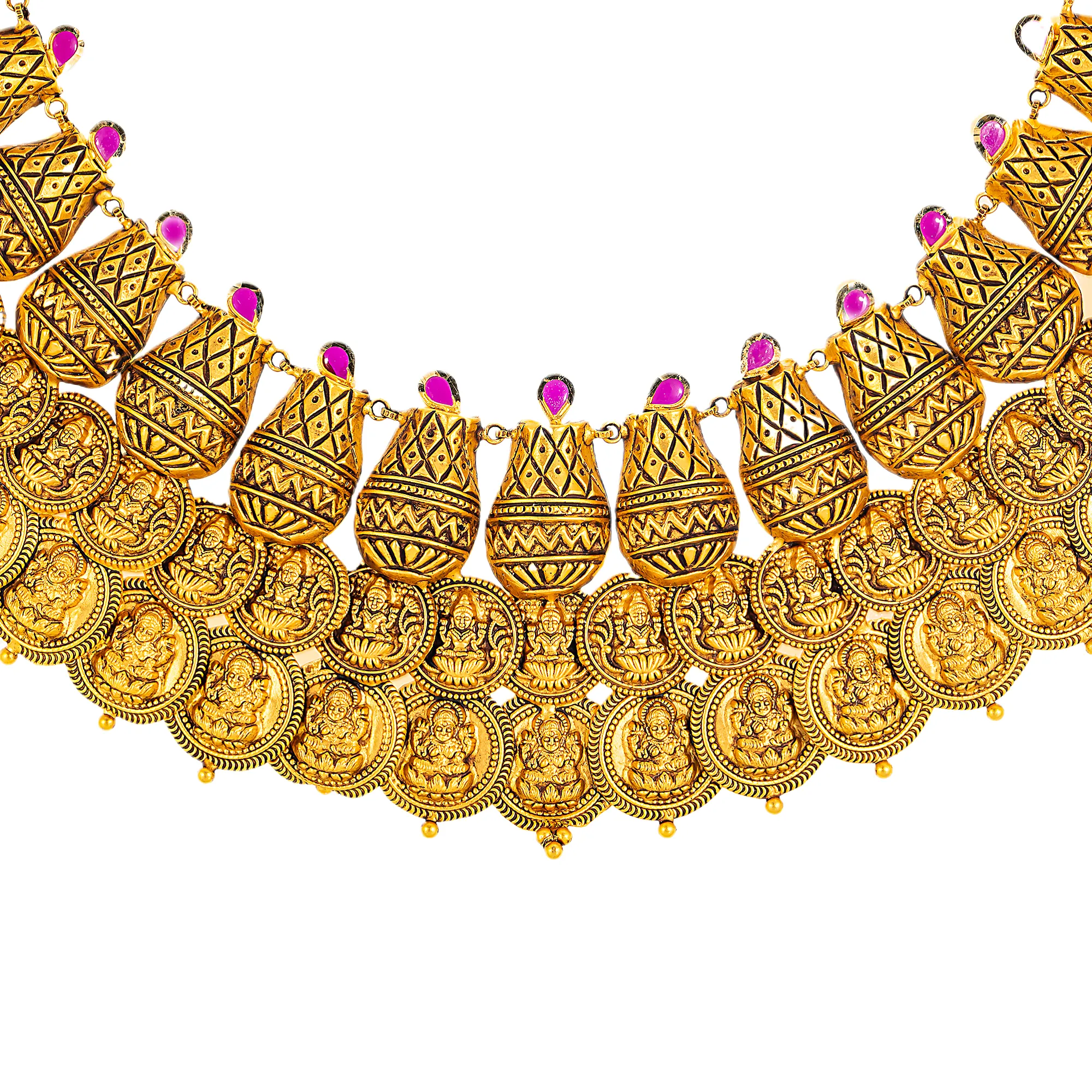 22K Antique Yellow Gold & Ruby Temple Necklace (70gm)