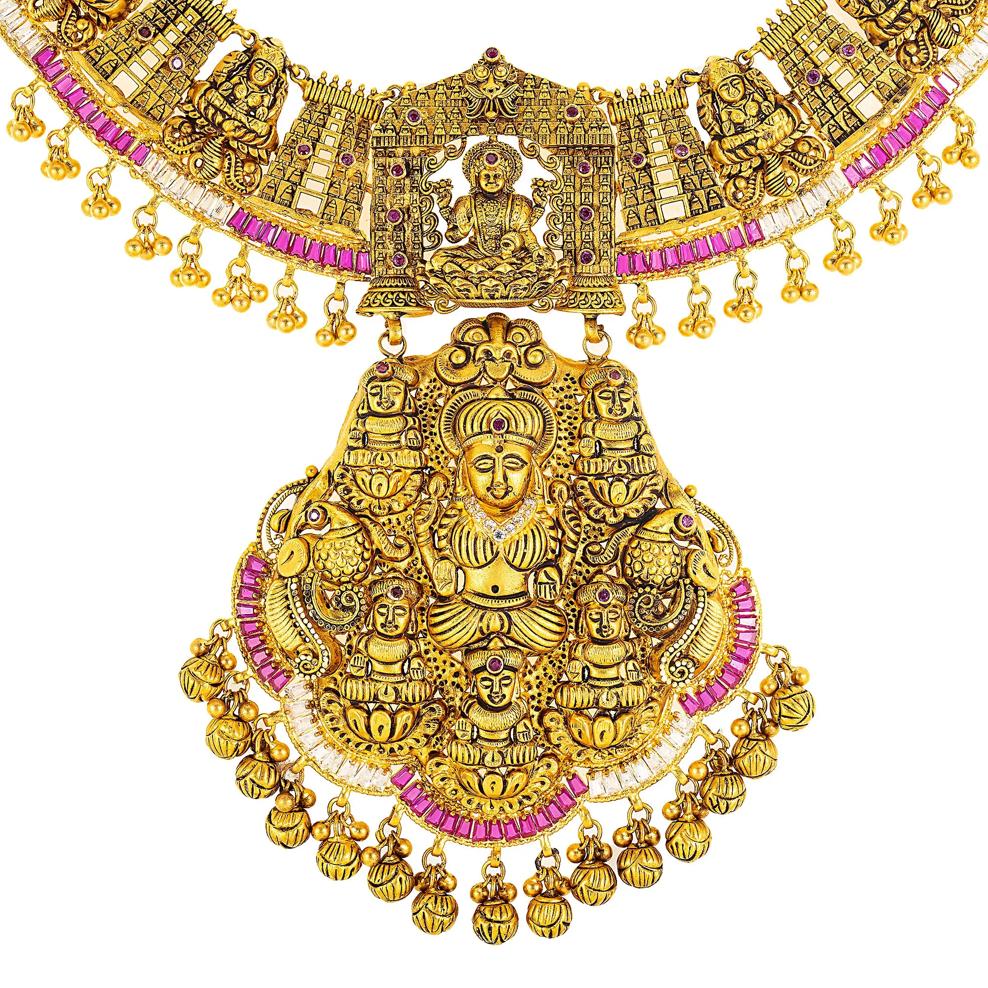 22K Antique Yellow Gold, CZ & Ruby Lakshmi Necklace (120.9gm)