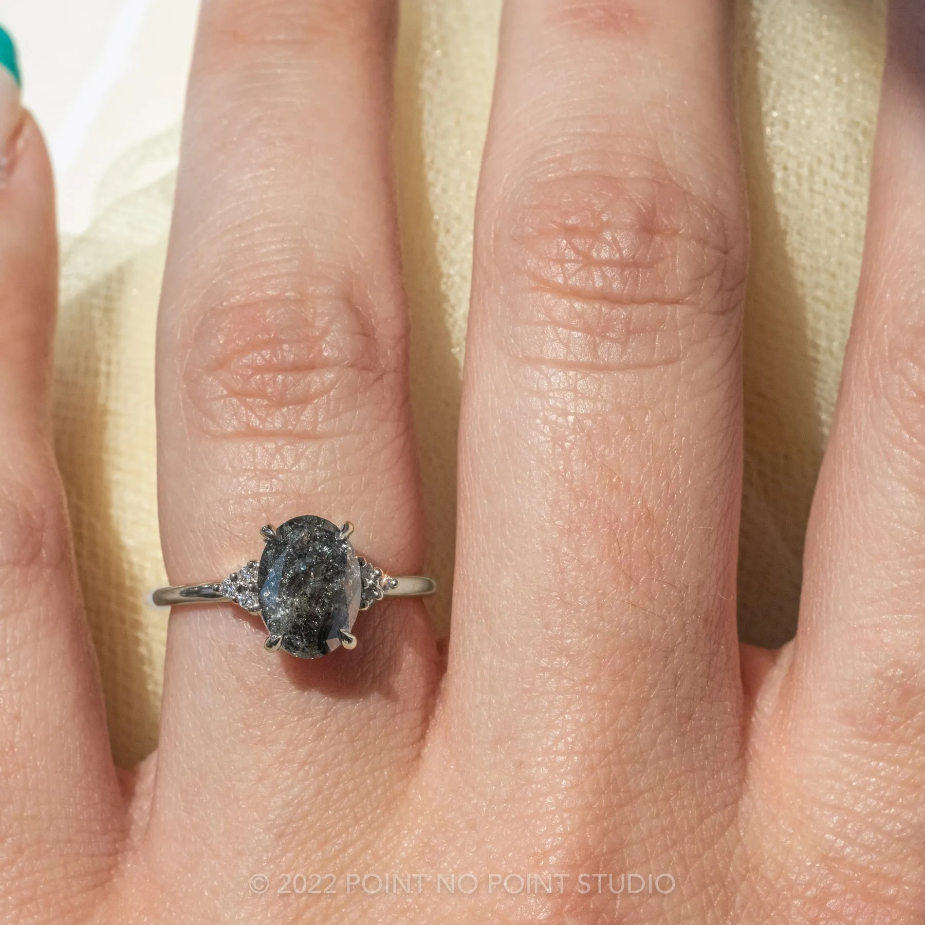 2.37 Carat Salt and Pepper Oval Diamond Engagement Ring, Quinn Setting, Platinum