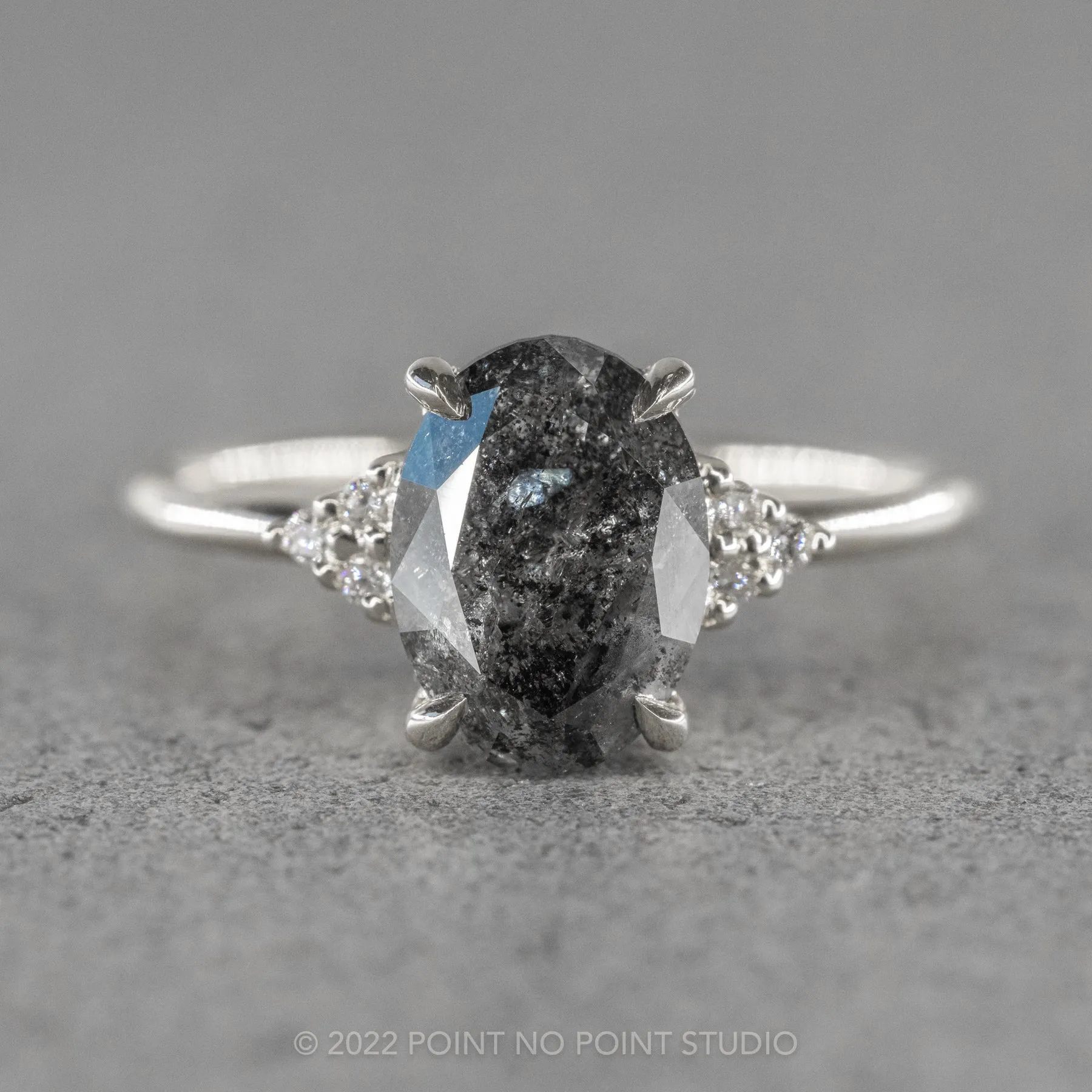 2.37 Carat Salt and Pepper Oval Diamond Engagement Ring, Quinn Setting, Platinum