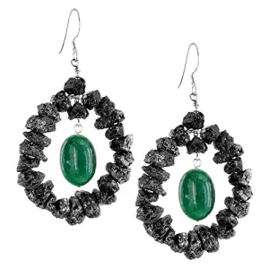 35 Cts Rough Black Diamond Beaded Earrings with Emerald Stone, Designer Collection with Great Sparkle