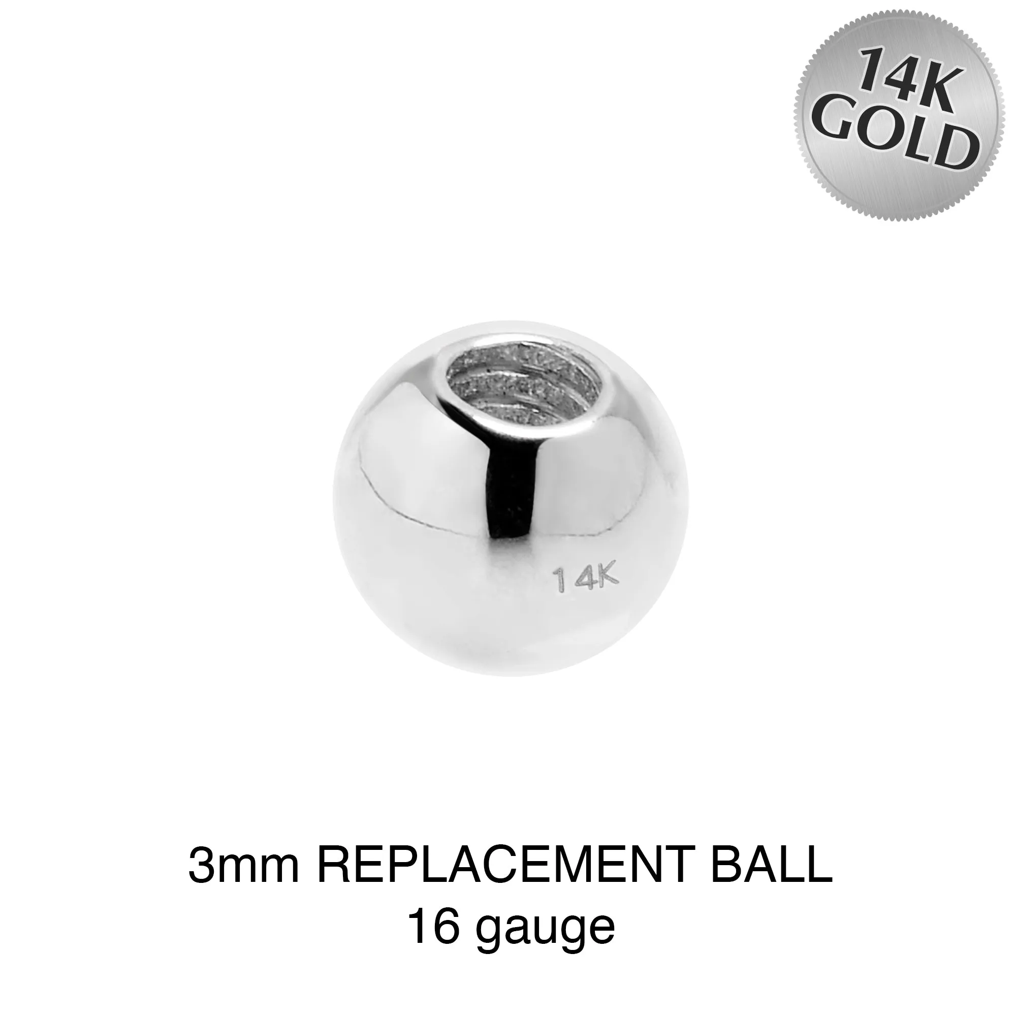 3mm 16 Gauge Solid 14k White Gold Replacement Ball