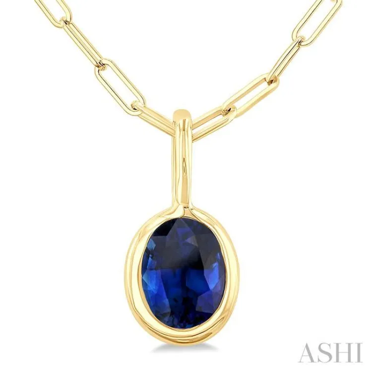 6x4 MM Bezel Set Oval Cut Sapphire Precious Fashion Pendant With Paperclip Chain in 14K Yellow Gold