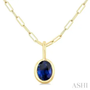 6x4 MM Bezel Set Oval Cut Sapphire Precious Fashion Pendant With Paperclip Chain in 14K Yellow Gold