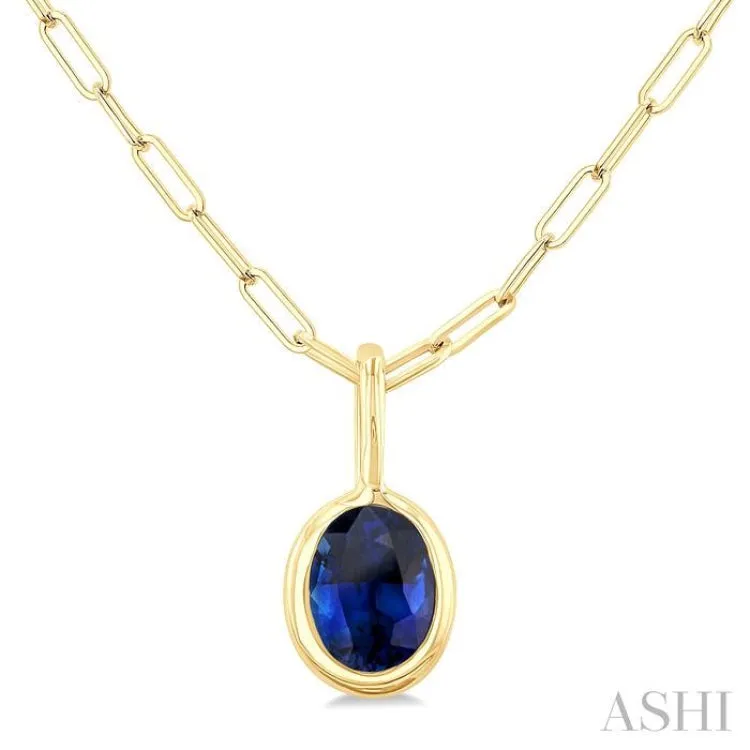 6x4 MM Bezel Set Oval Cut Sapphire Precious Fashion Pendant With Paperclip Chain in 14K Yellow Gold