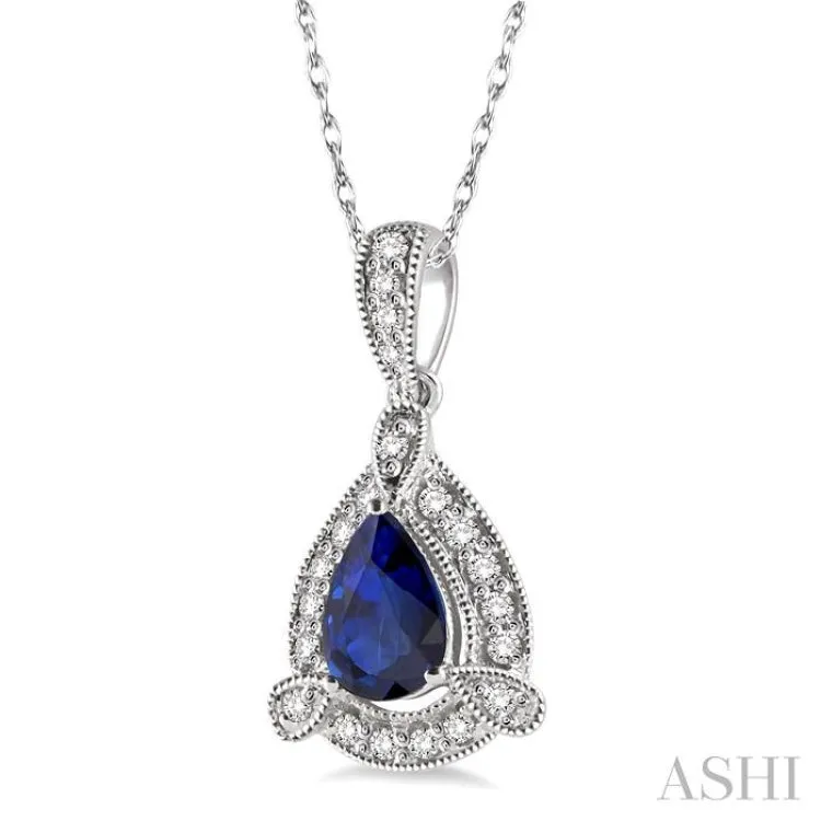 6x4 MM Pear Shape Sapphire and 1/10 ctw Round Cut Diamond Pendant in 14K White Gold with Chain