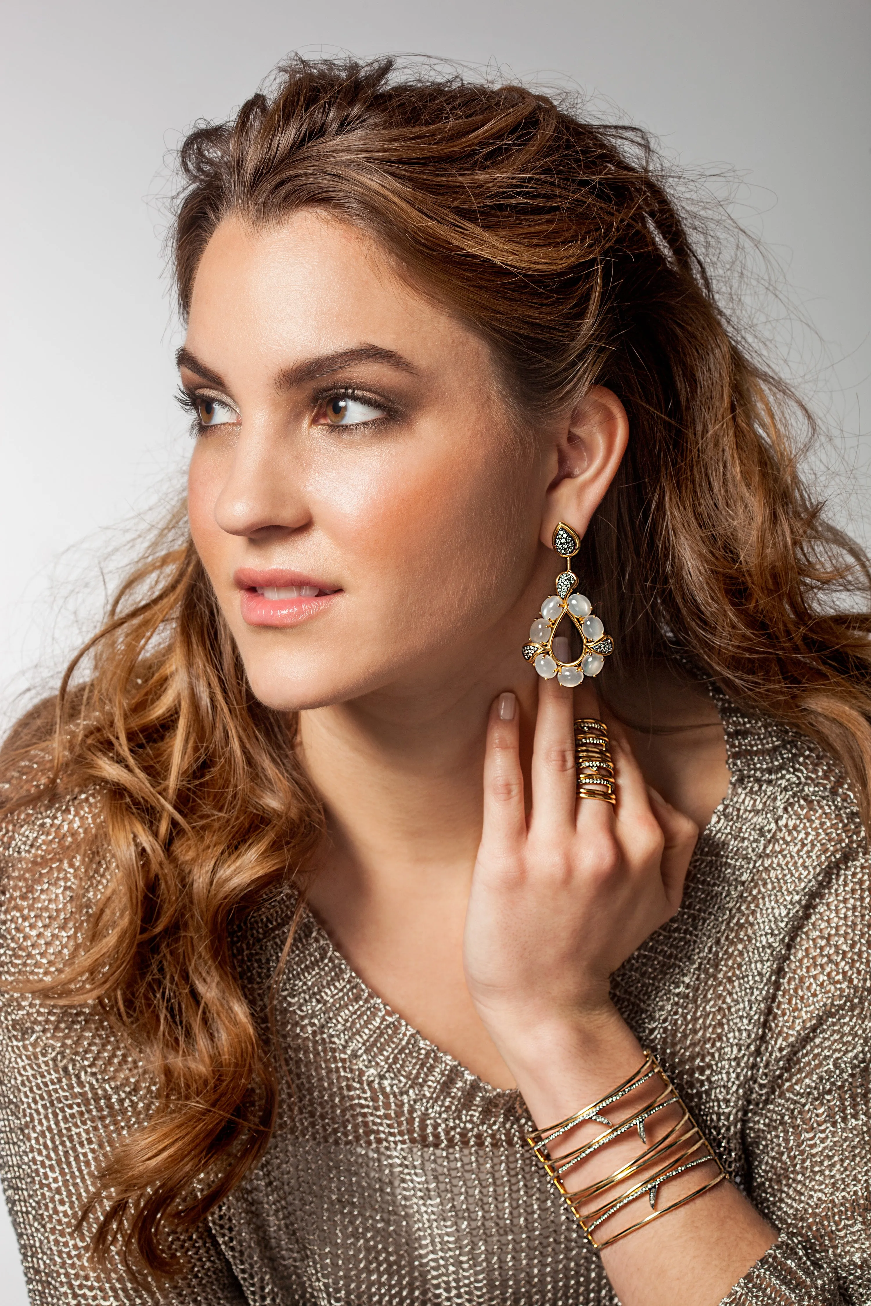 925 Silver Earring Plated in 18K Yellow Gold with Moonstone & Green Sapphire