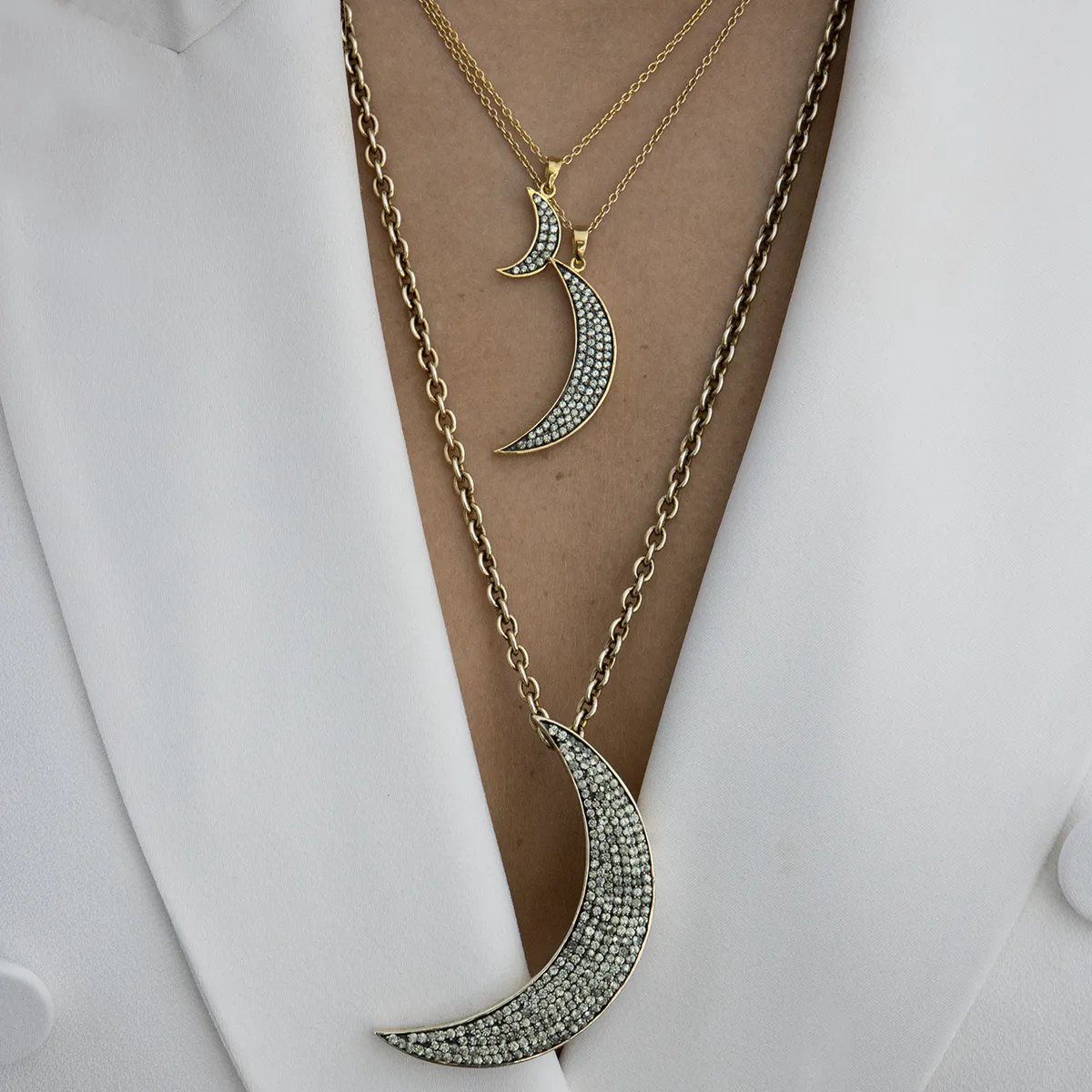 925 Silver Small Moon Necklace with Green Sapphires