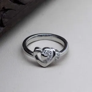 925 Sterling Heart Shape Silver Ring White CZ Studded Platinum Finish