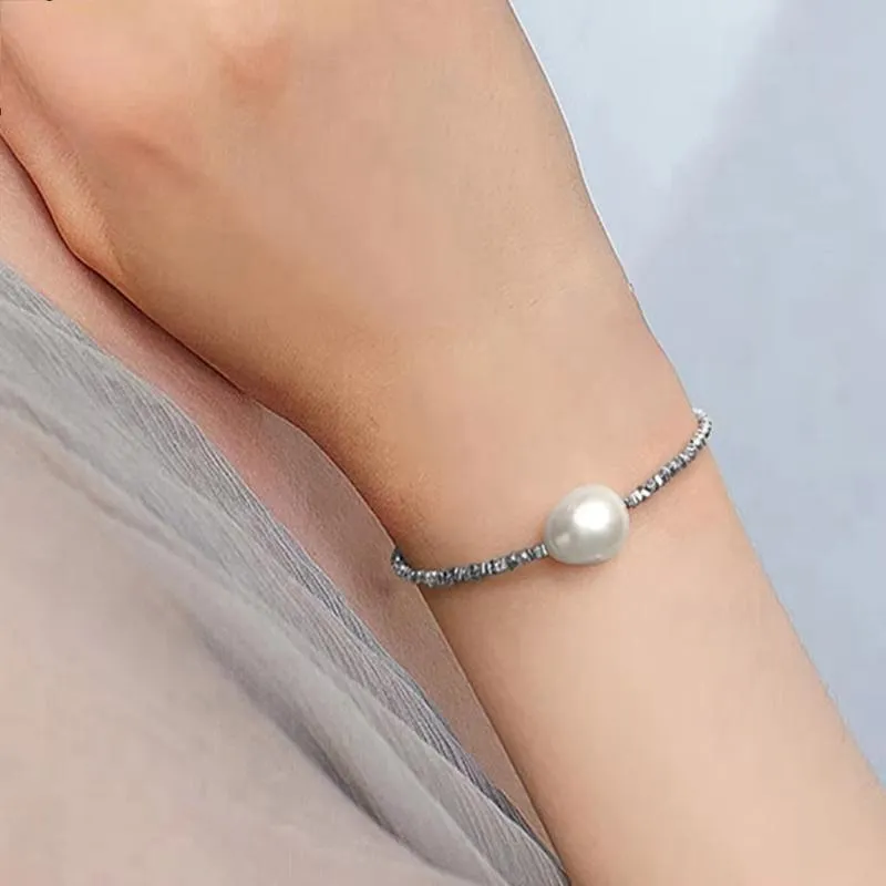 925 Sterling Silver Pearl Chain Bracelet Rhodium Baroque Pearl Hand Bracelet for Women