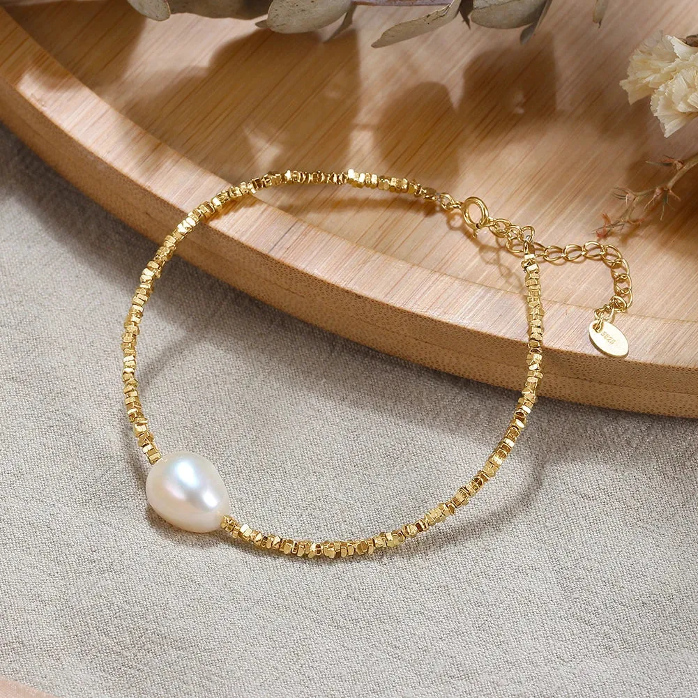 925 Sterling Silver Pearl Chain Bracelet Rhodium Baroque Pearl Hand Bracelet for Women