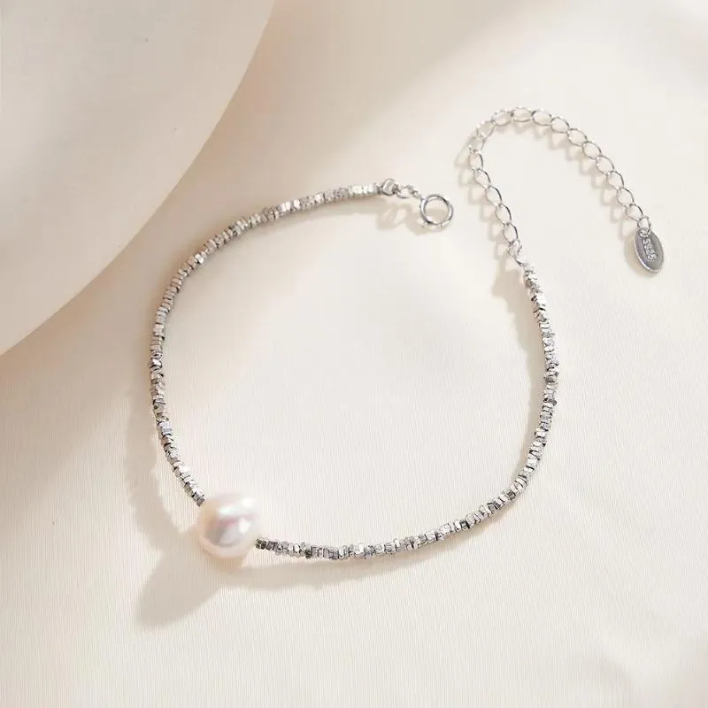 925 Sterling Silver Pearl Chain Bracelet Rhodium Baroque Pearl Hand Bracelet for Women