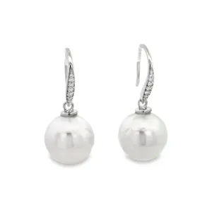 9ct White Gold South Sea Pearl and Lab Grown Diamond Hook Earrings