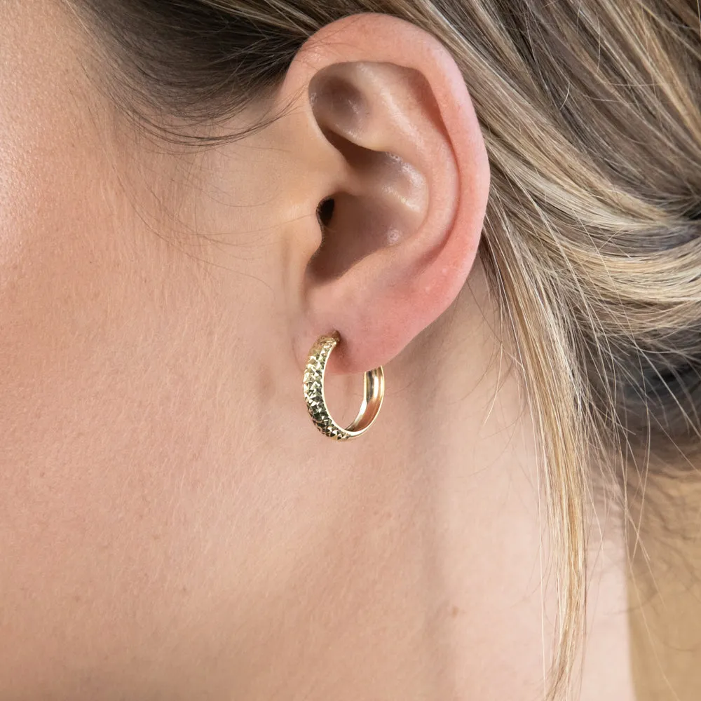 9ct Yellow Gold Silverfilled Diamond Cut 15mm Hoop Earrings