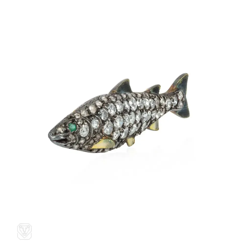 Antique diamond and enamel fish brooch