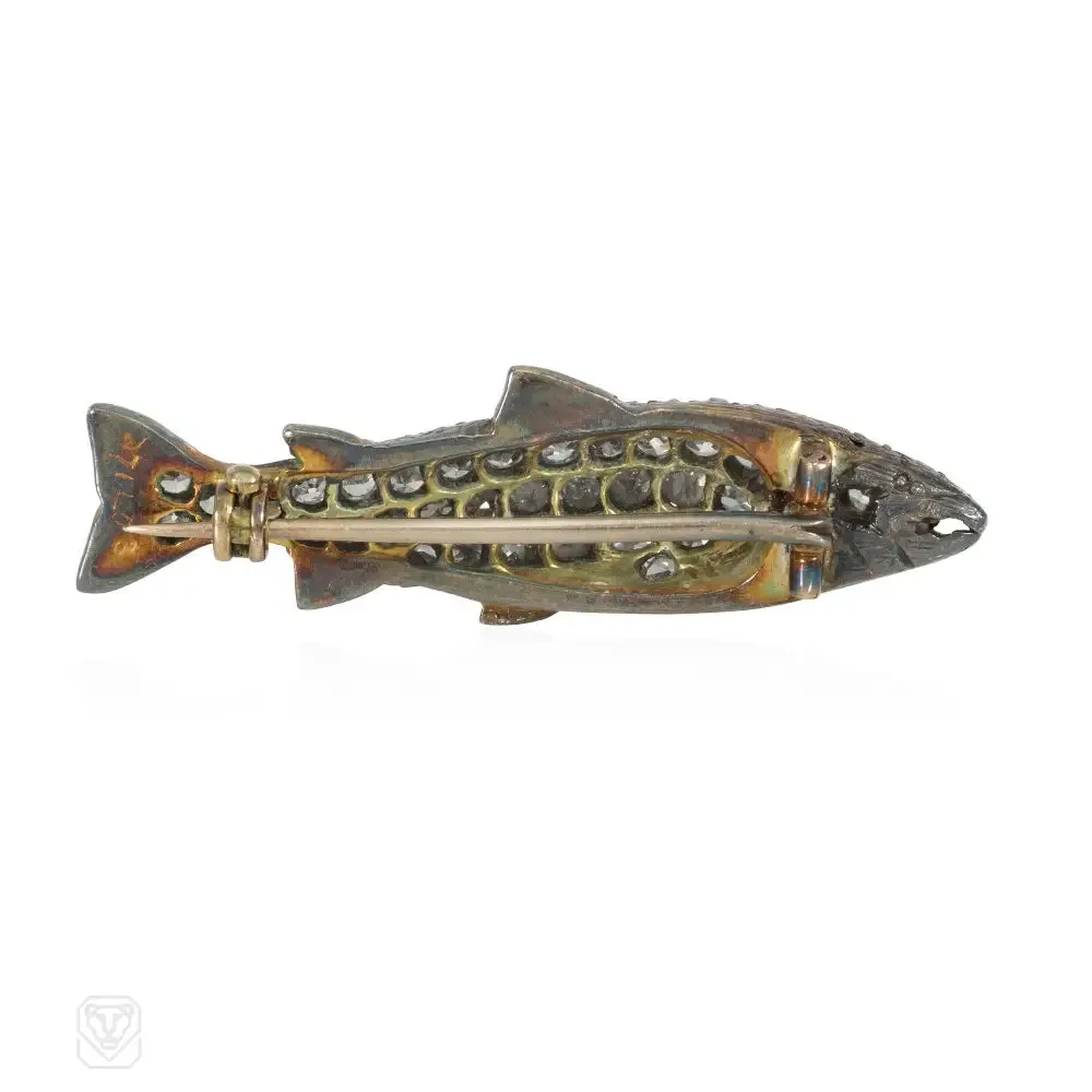 Antique diamond and enamel fish brooch