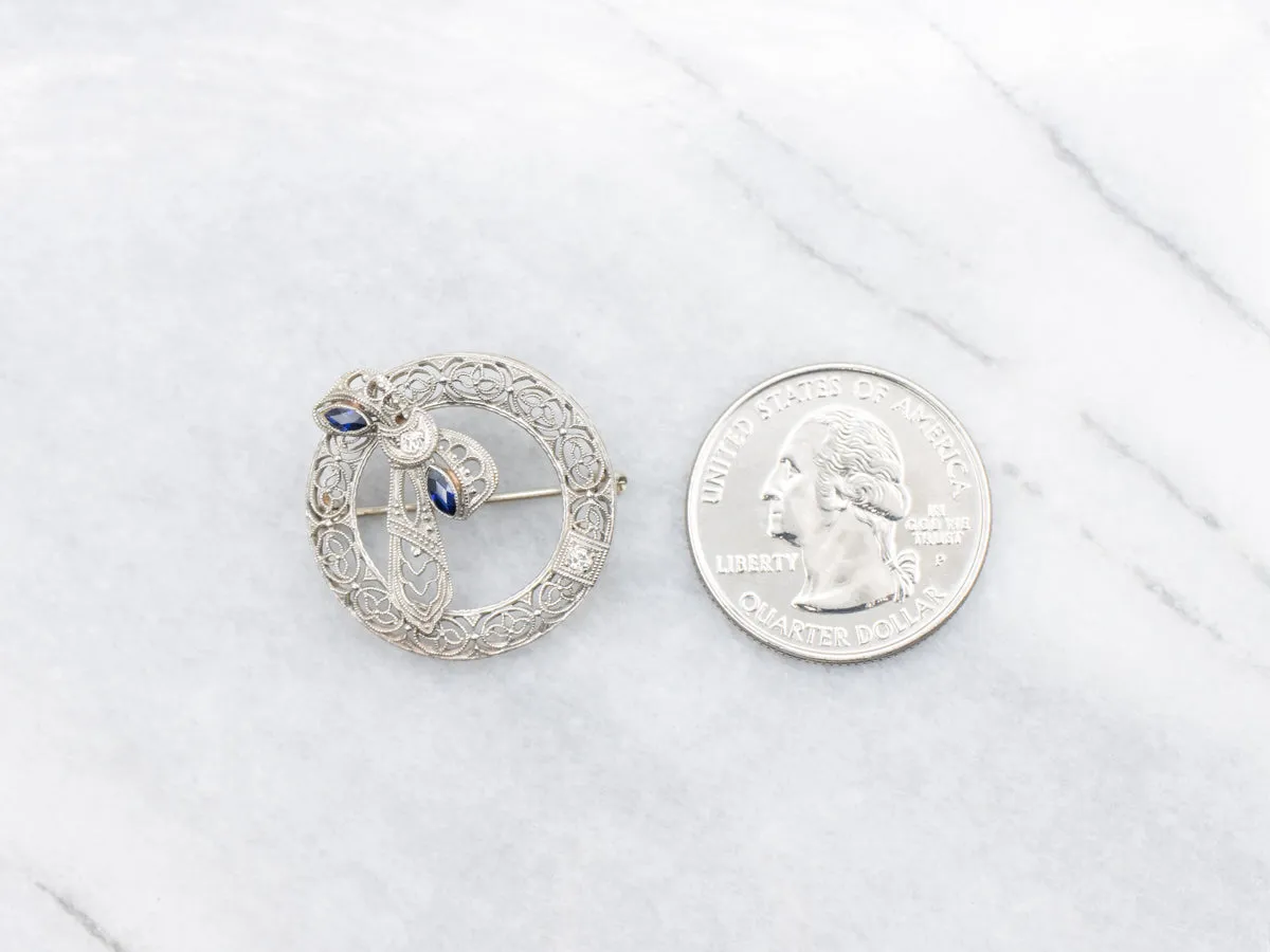 Antique Diamond Art Deco Filigree and Sapphire Circle Pin