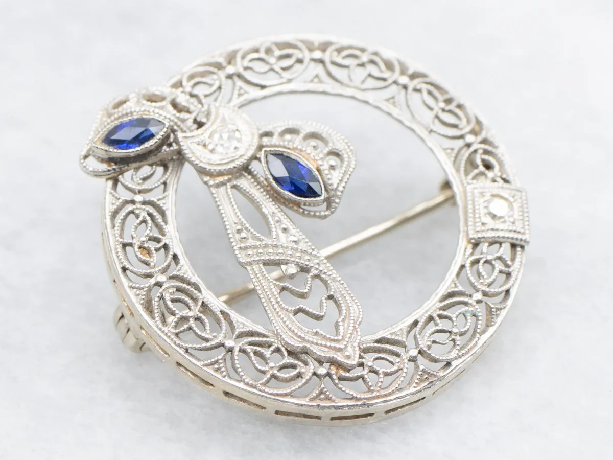 Antique Diamond Art Deco Filigree and Sapphire Circle Pin