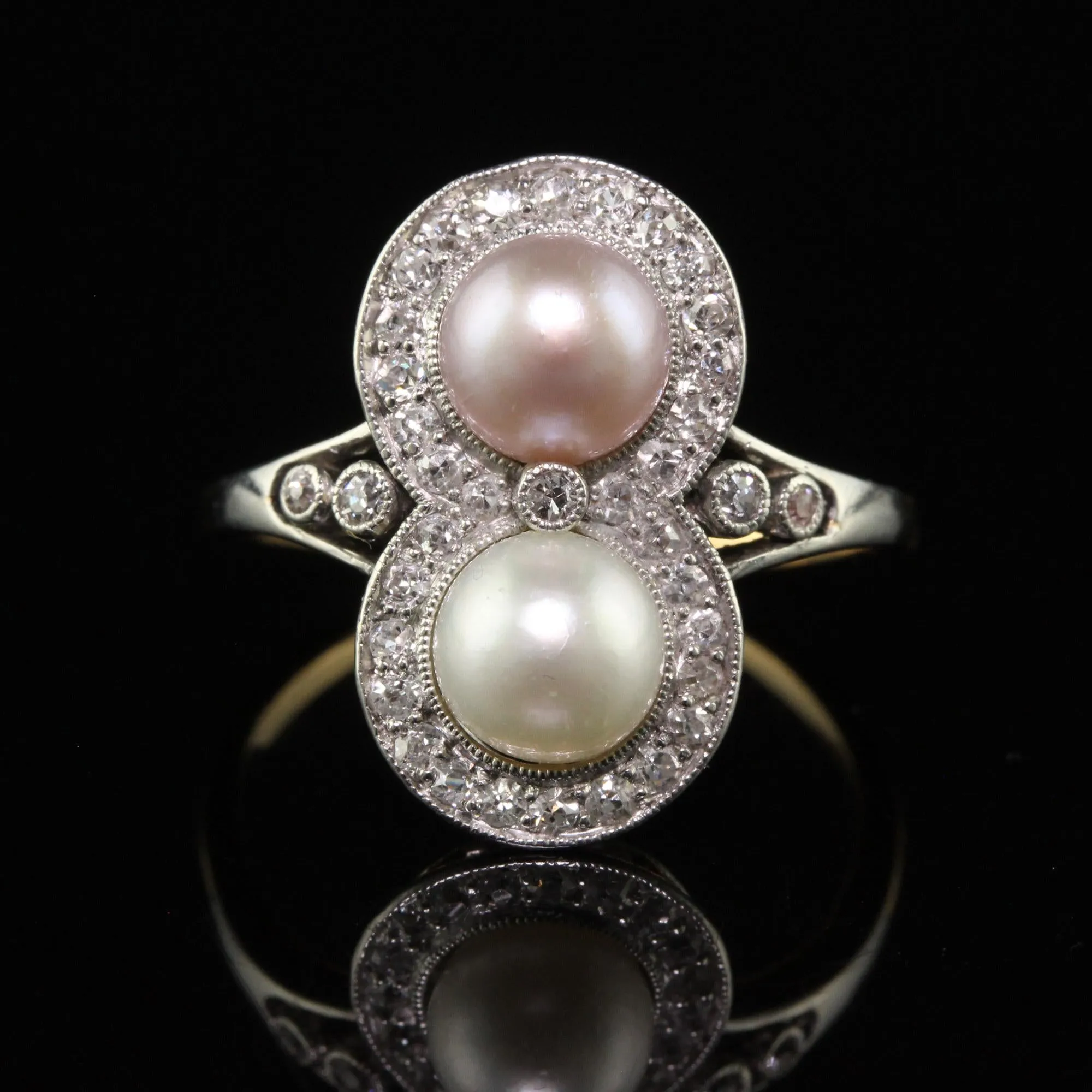 Antique Edwardian 18K Yellow Gold Platinum Natural Pearl Toi et Moi Ring - GIA