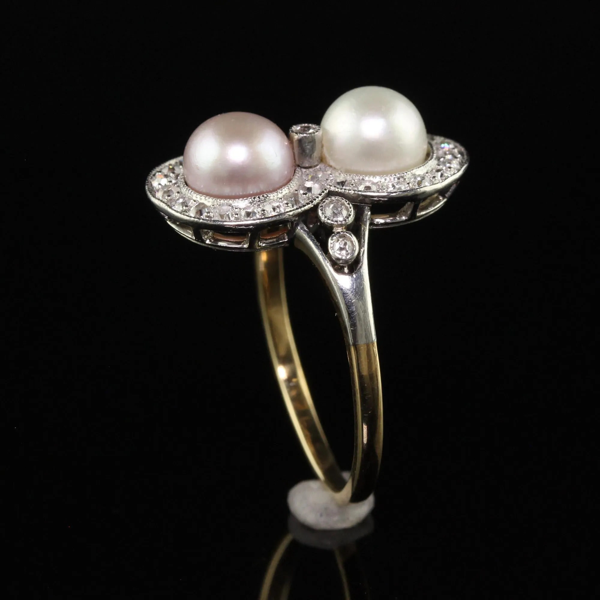 Antique Edwardian 18K Yellow Gold Platinum Natural Pearl Toi et Moi Ring - GIA