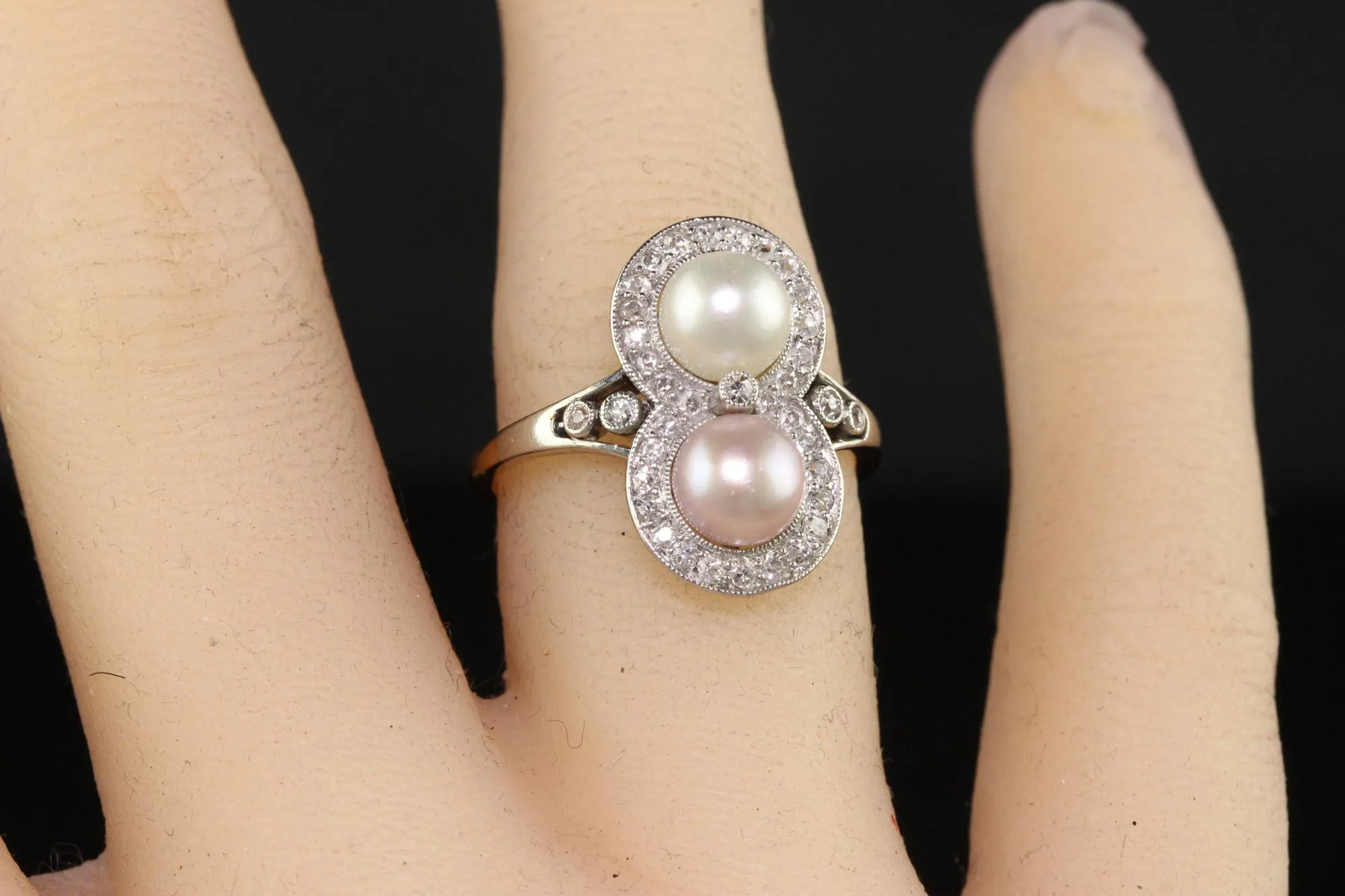 Antique Edwardian 18K Yellow Gold Platinum Natural Pearl Toi et Moi Ring - GIA