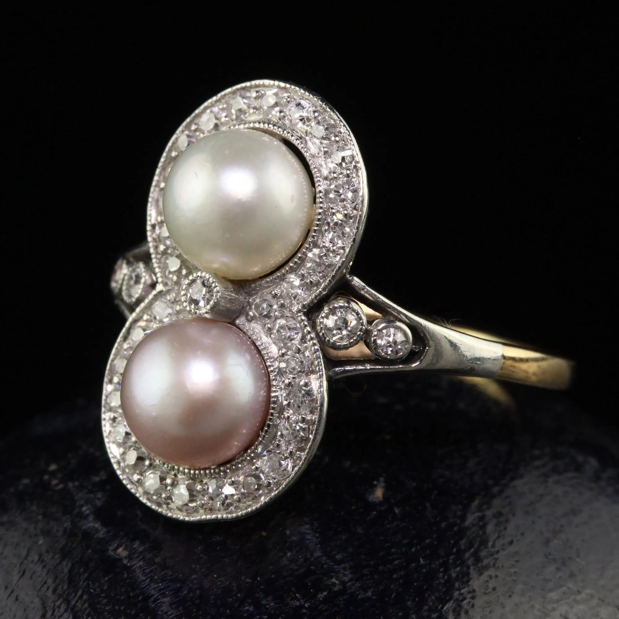 Antique Edwardian 18K Yellow Gold Platinum Natural Pearl Toi et Moi Ring - GIA