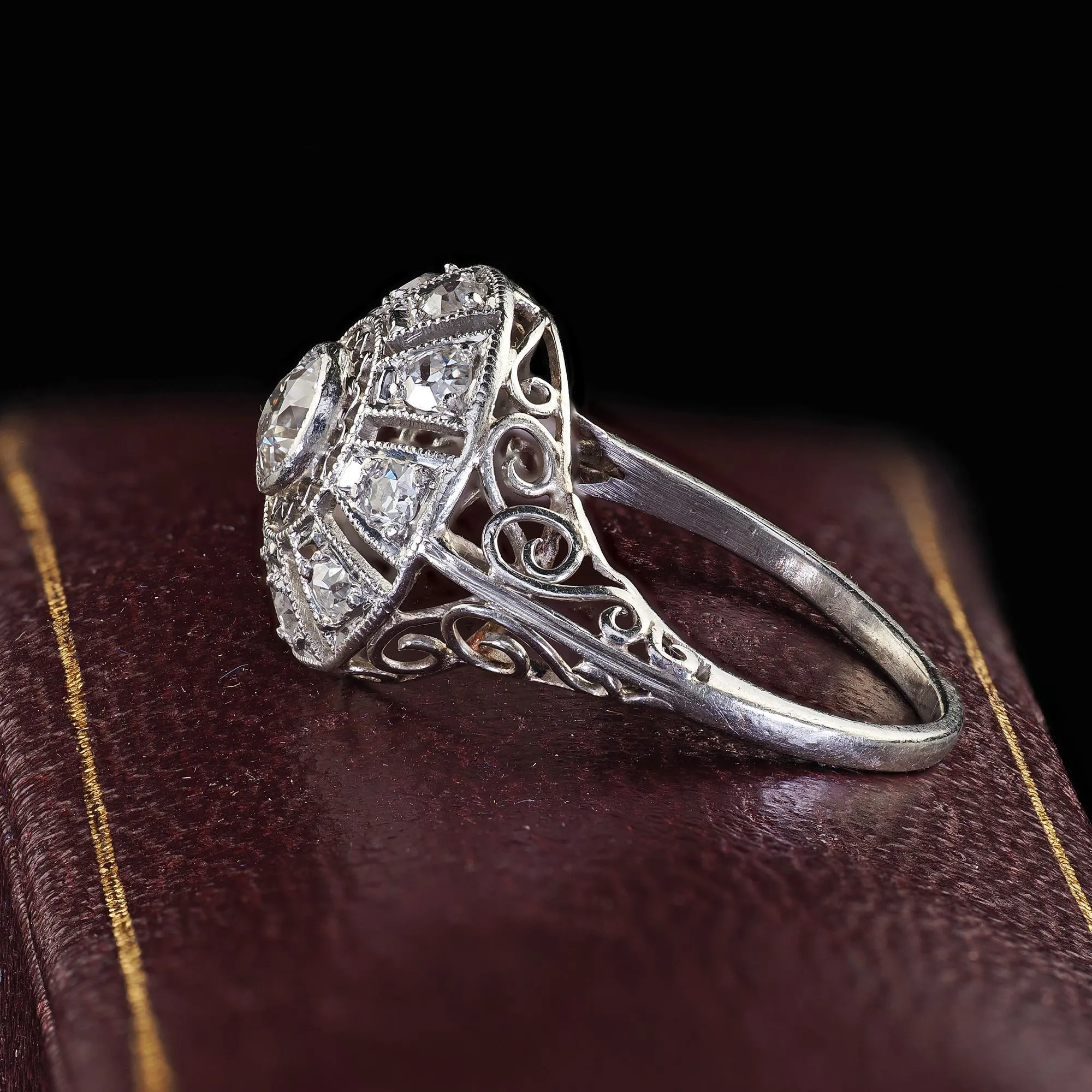 Antique Edwardian Platinum Old European Diamond Filigree Engagement Ring