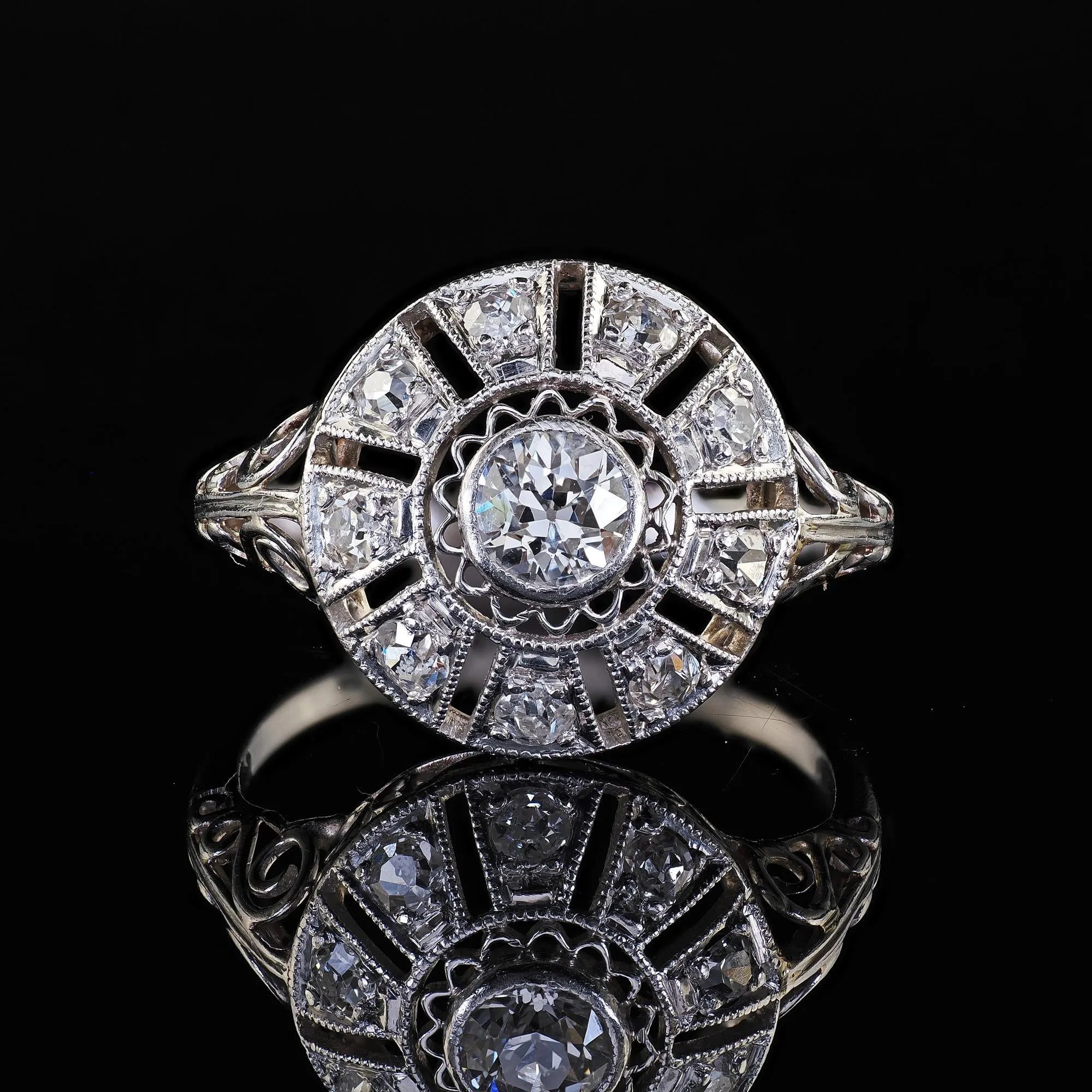 Antique Edwardian Platinum Old European Diamond Filigree Engagement Ring