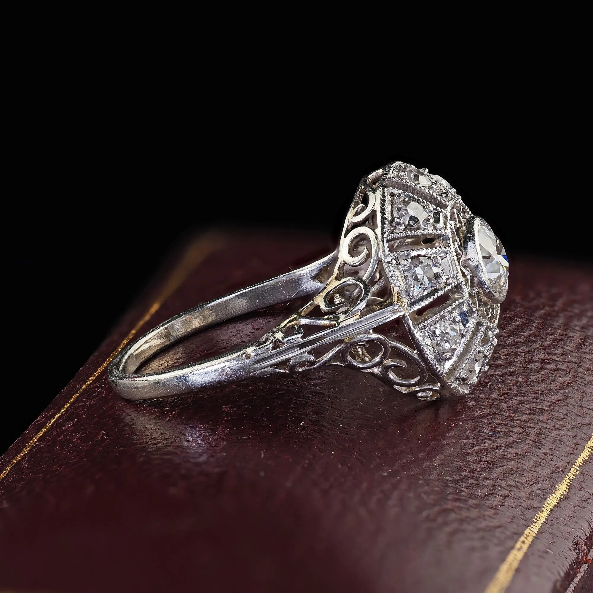 Antique Edwardian Platinum Old European Diamond Filigree Engagement Ring
