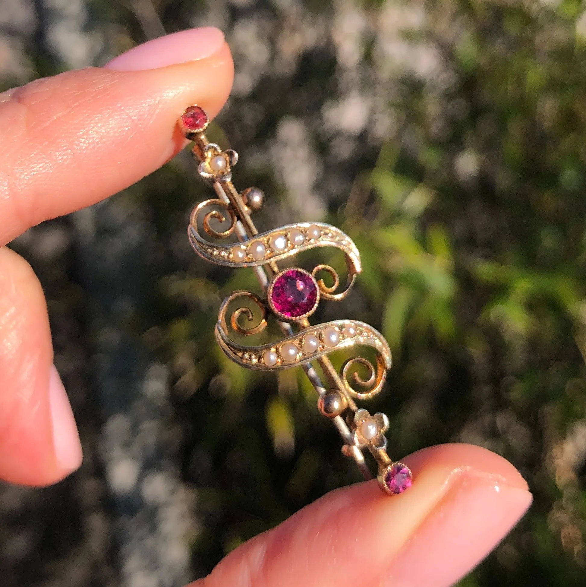 Antique Gold Pink Topaz Pearl Scroll Brooch