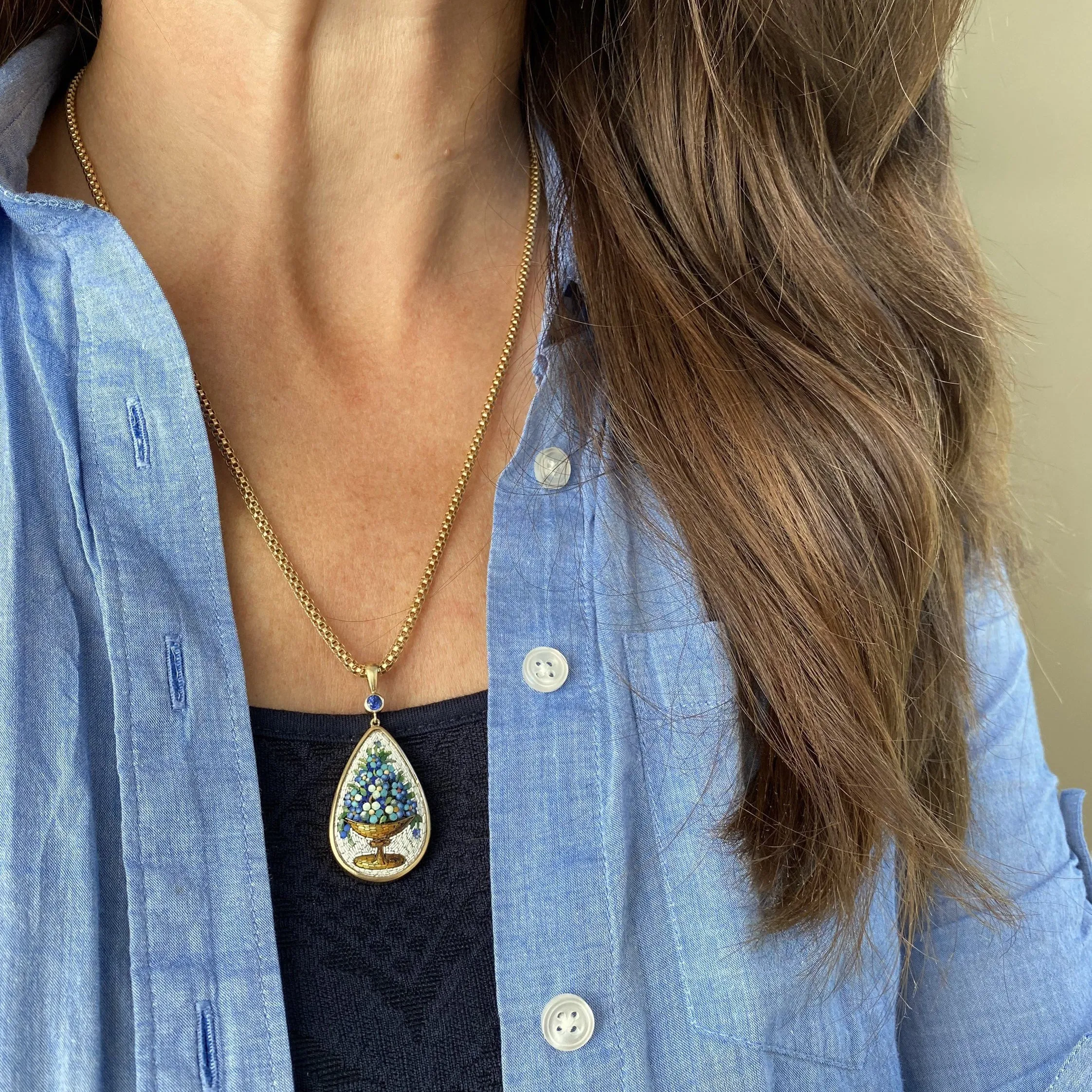 Antique Micromosaic Pendant | Antique Forget-Me-Not Flower Pendant with Sapphire