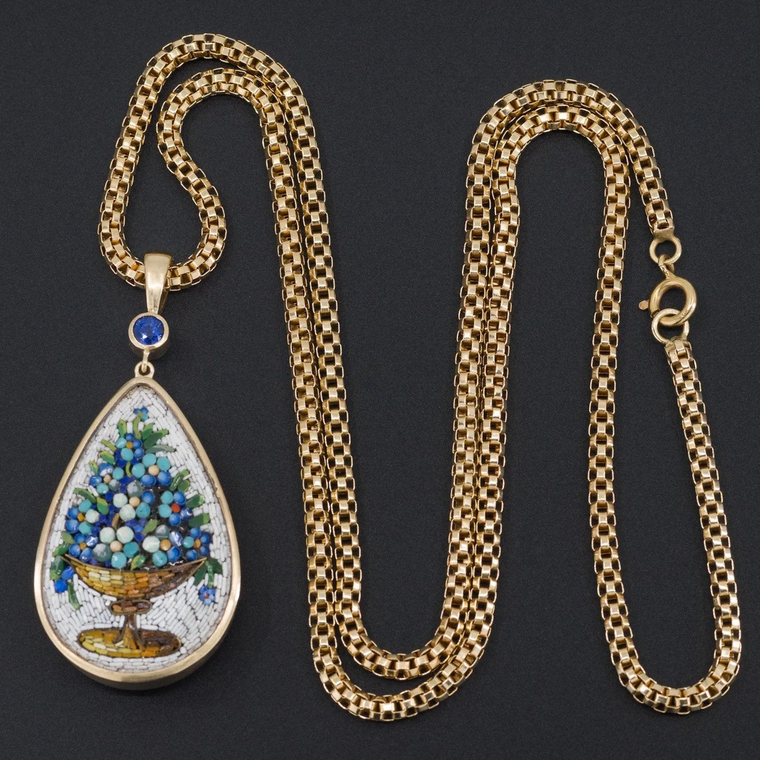 Antique Micromosaic Pendant | Antique Forget-Me-Not Flower Pendant with Sapphire
