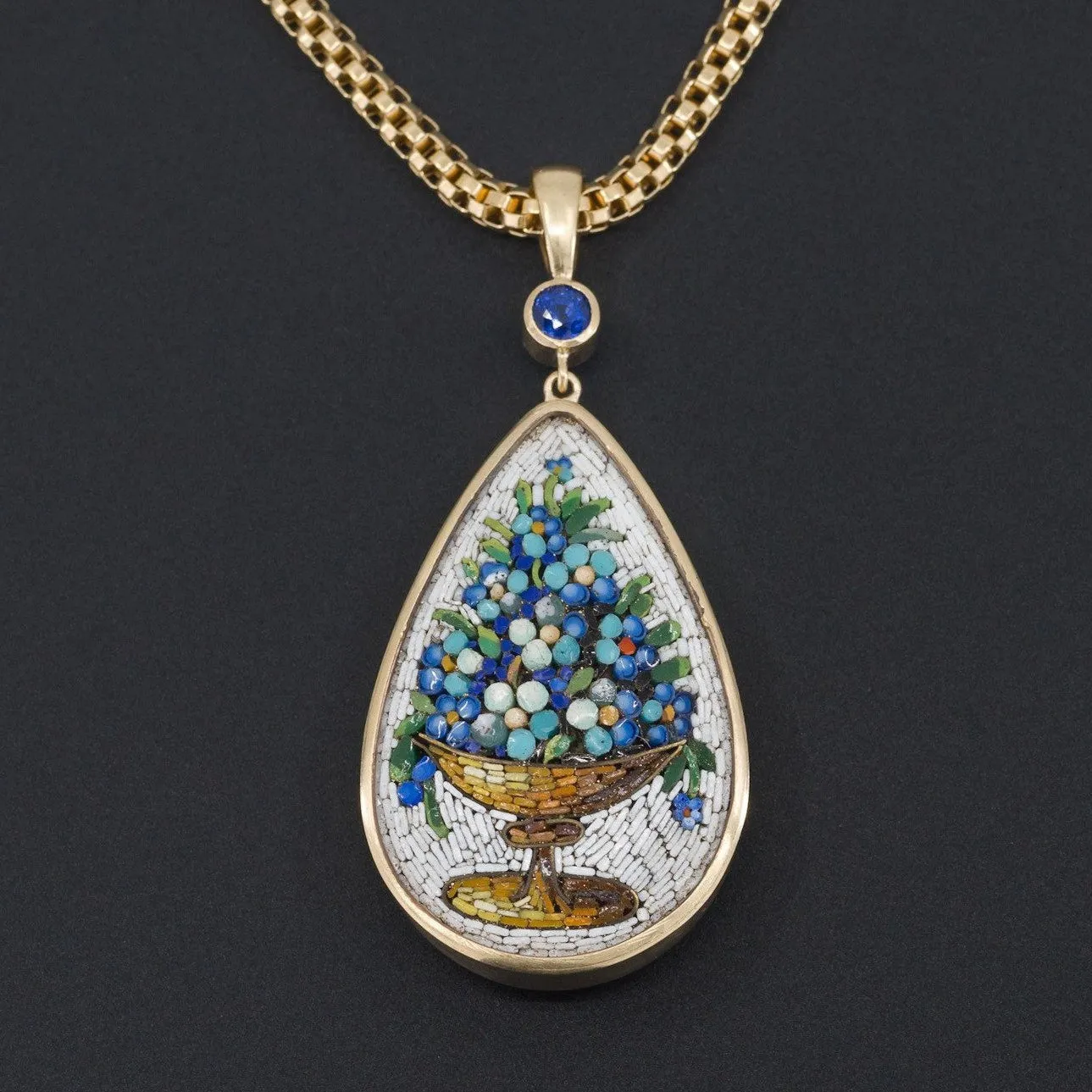 Antique Micromosaic Pendant | Antique Forget-Me-Not Flower Pendant with Sapphire