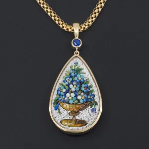 Antique Micromosaic Pendant | Antique Forget-Me-Not Flower Pendant with Sapphire