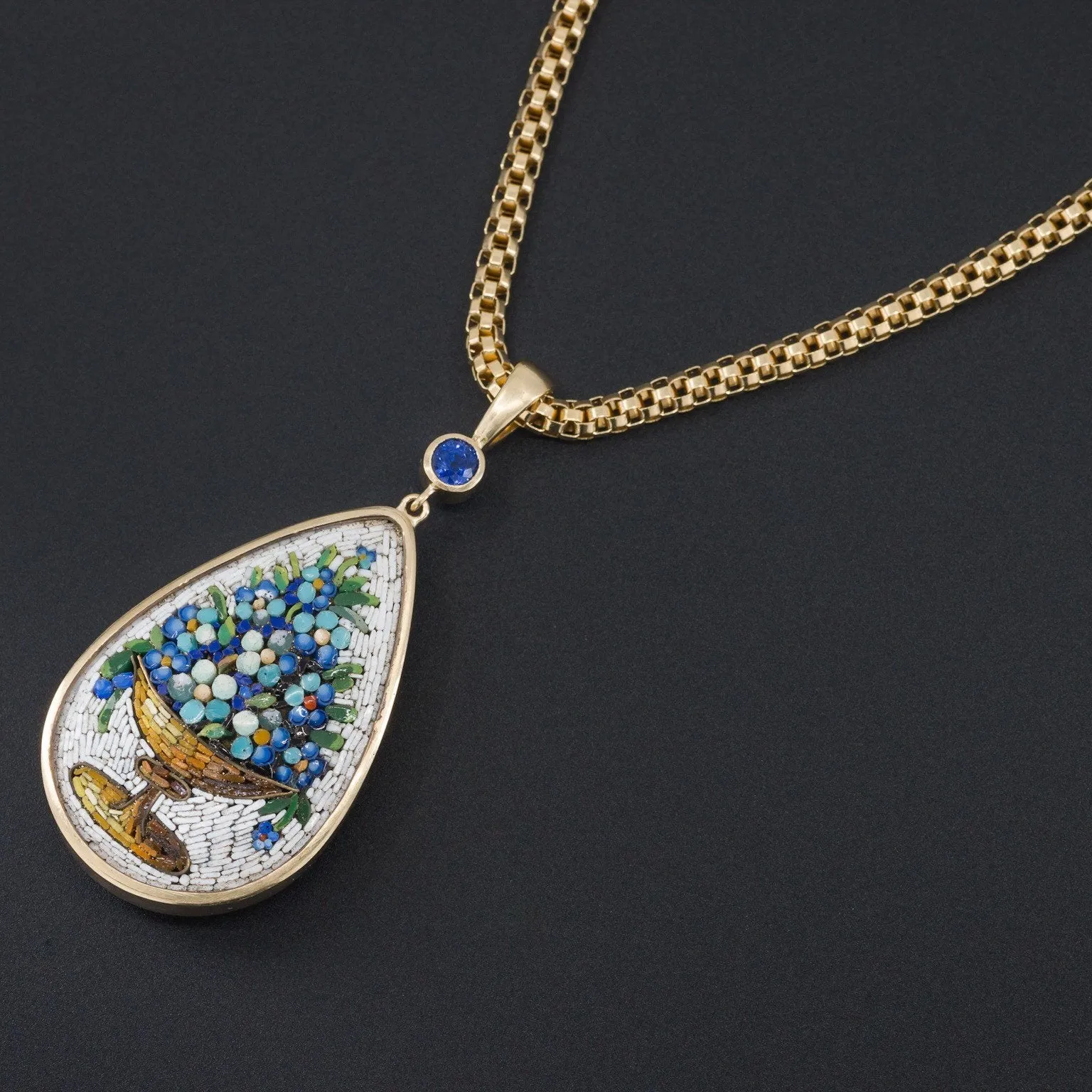 Antique Micromosaic Pendant | Antique Forget-Me-Not Flower Pendant with Sapphire