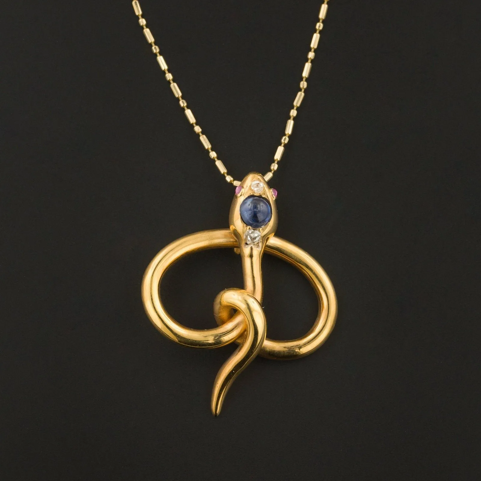 Antique Sapphire & Diamond Snake Pendant | 18k Gold Pin Conversion Pendant