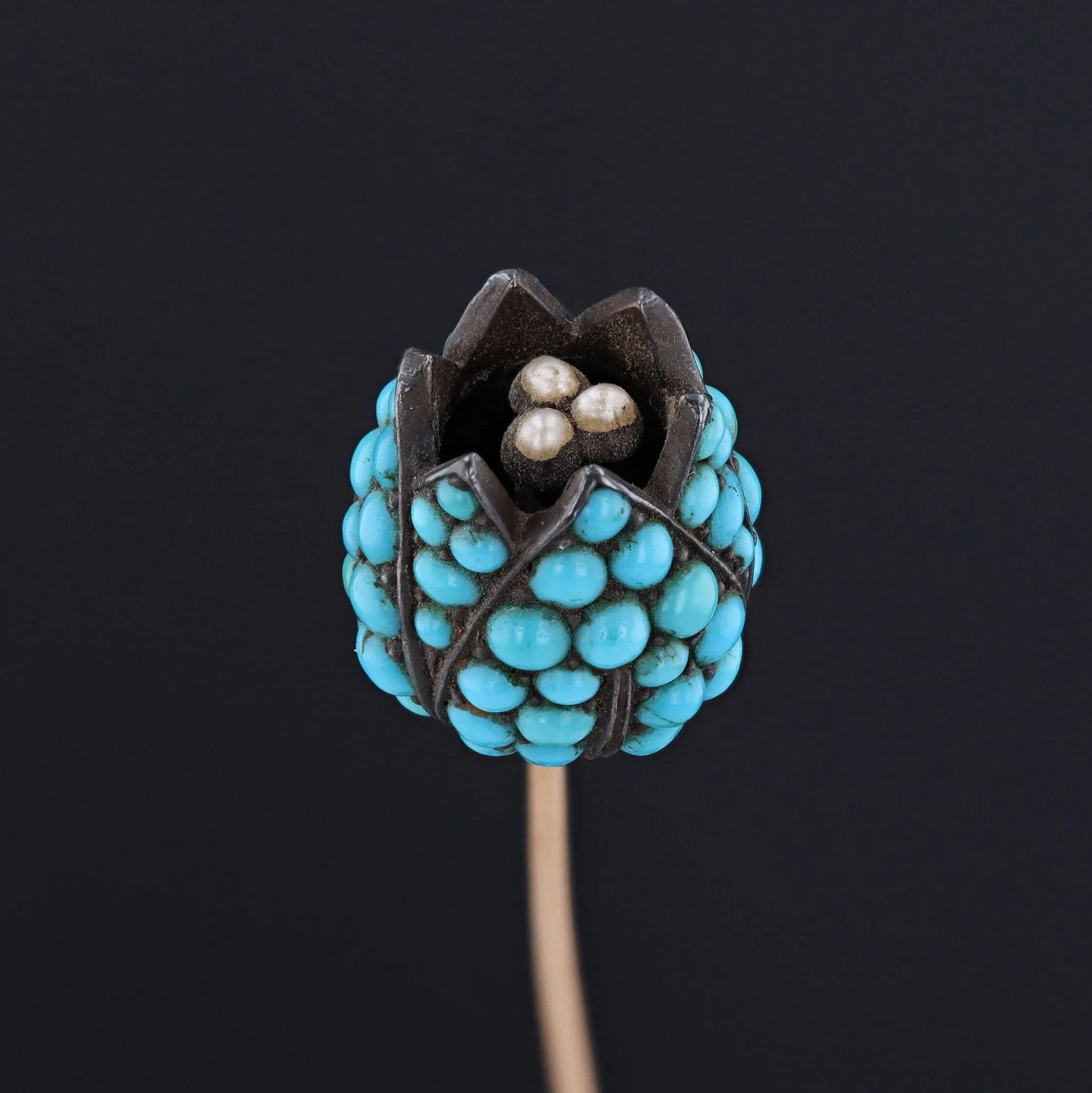 Antique Turquoise and Pearl Tulip Stickpin of 14k Gold