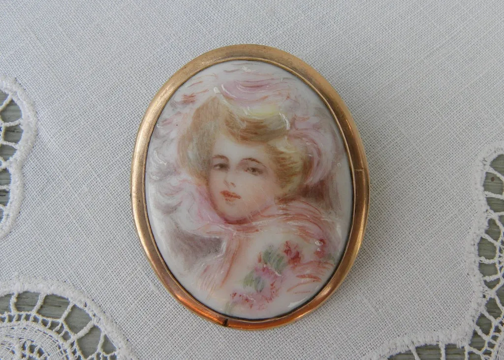 Antique Victorian Edwardian Hand Painted Gibson Girl Brooch Pin Pendant