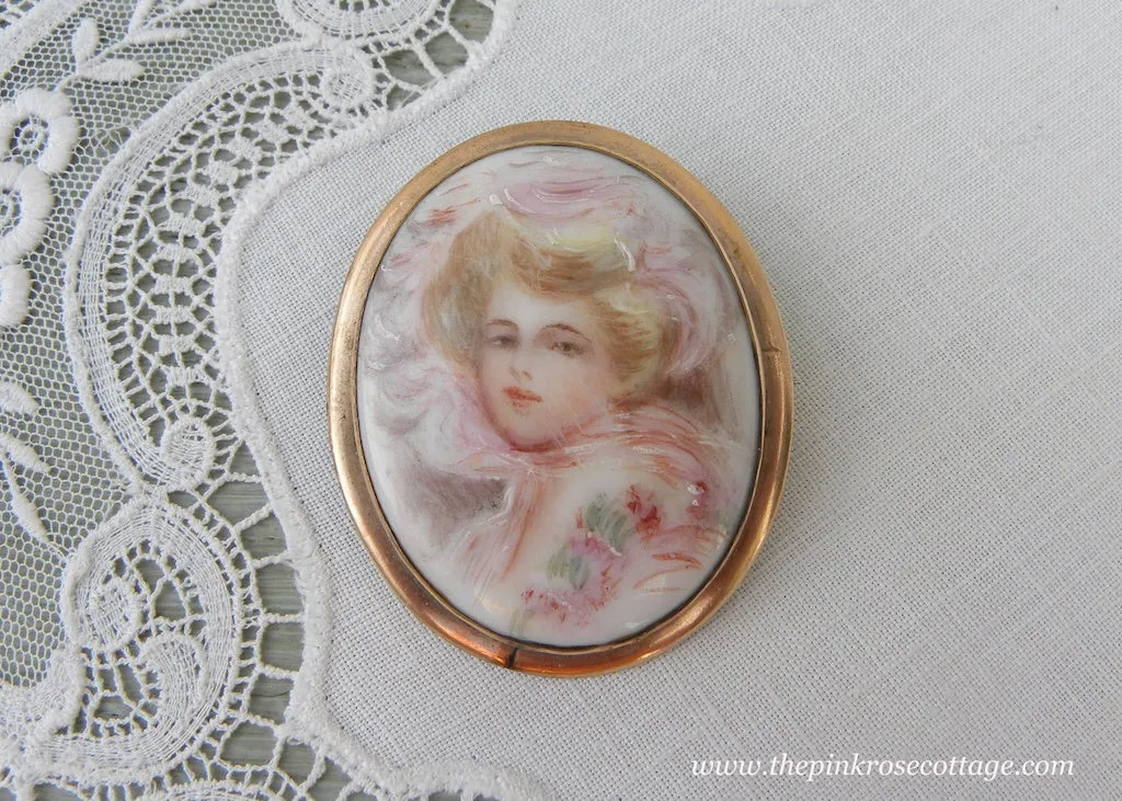 Antique Victorian Edwardian Hand Painted Gibson Girl Brooch Pin Pendant