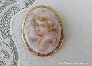 Antique Victorian Edwardian Hand Painted Gibson Girl Brooch Pin Pendant