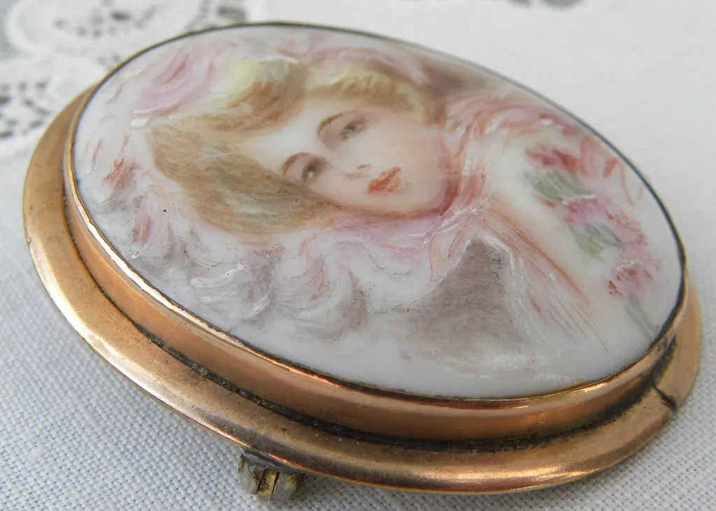 Antique Victorian Edwardian Hand Painted Gibson Girl Brooch Pin Pendant