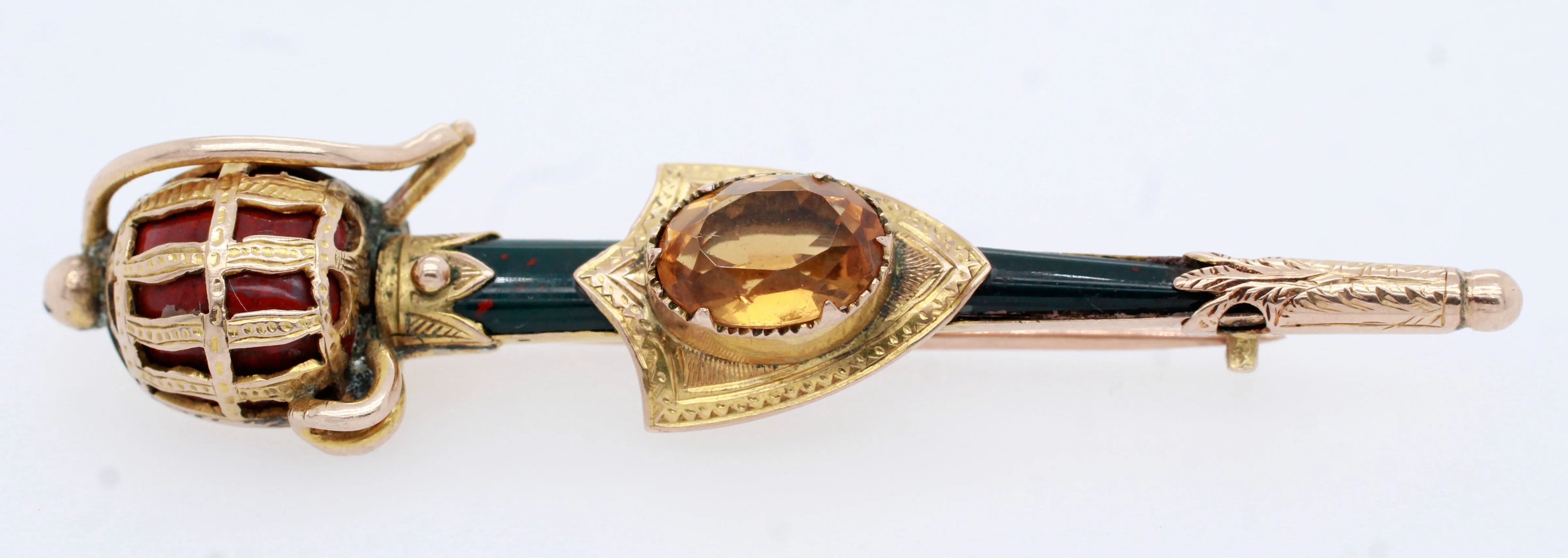 Antique Victorian Scottish Citrine Bloodstone & Agate Sword & Shield Gold Brooch