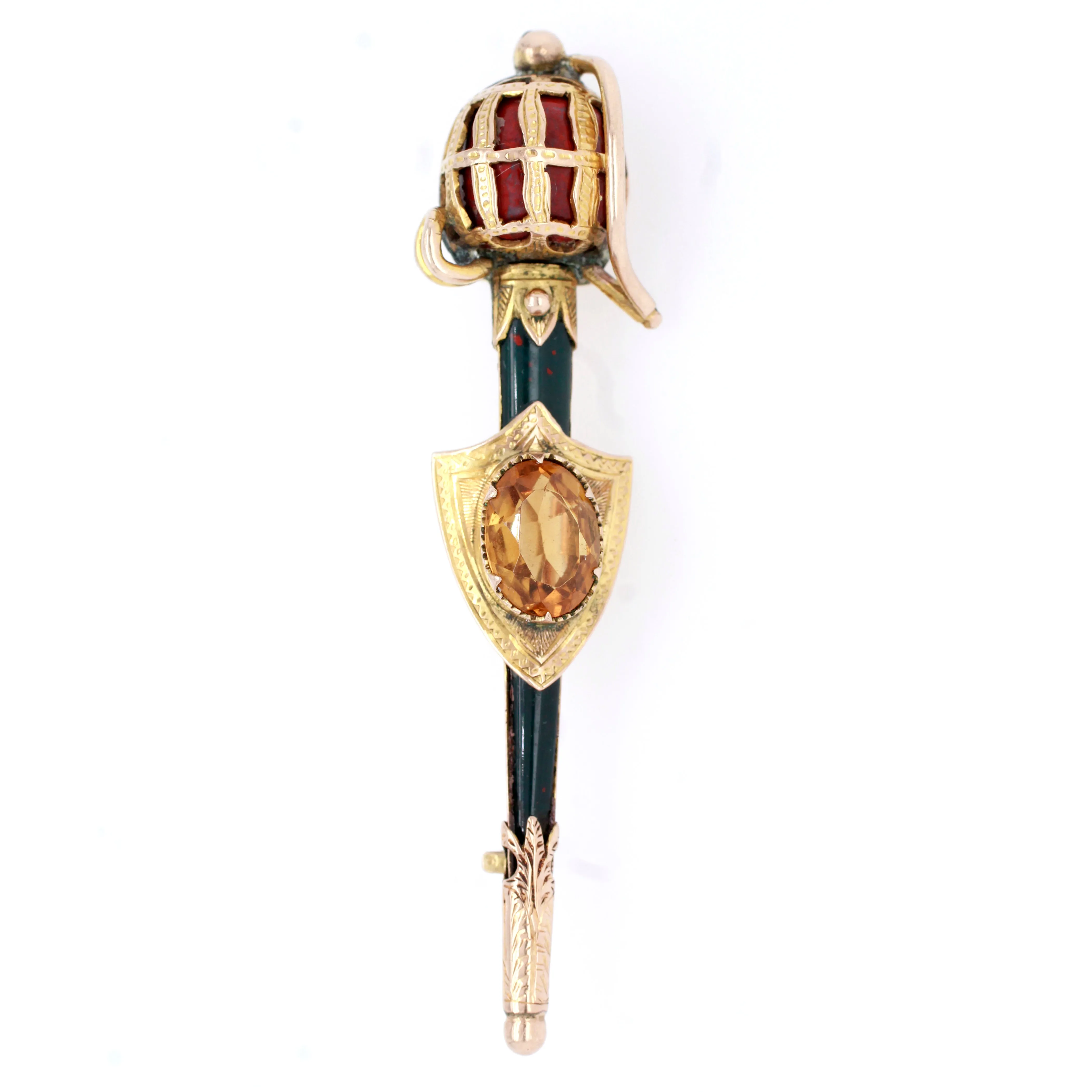 Antique Victorian Scottish Citrine Bloodstone & Agate Sword & Shield Gold Brooch