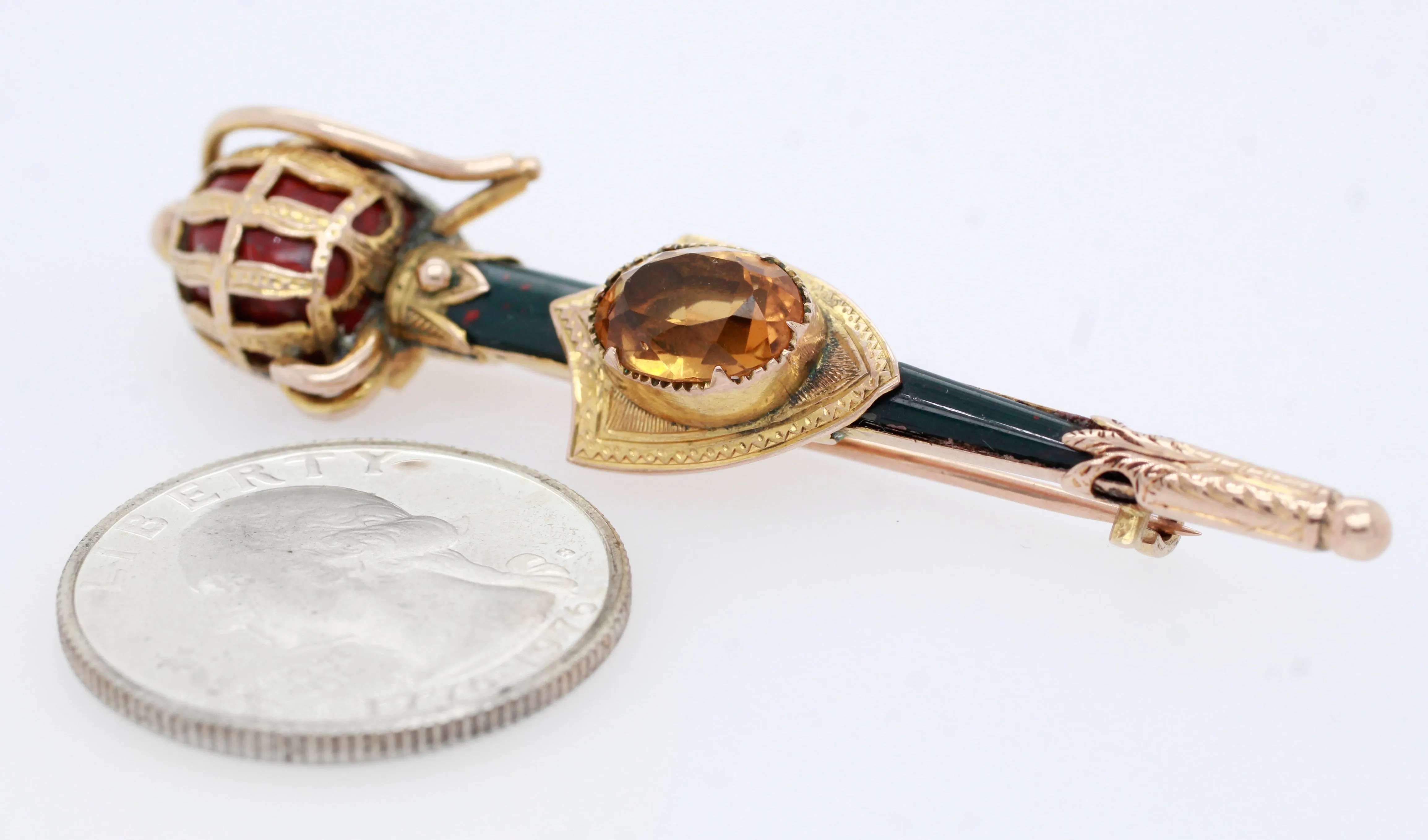 Antique Victorian Scottish Citrine Bloodstone & Agate Sword & Shield Gold Brooch